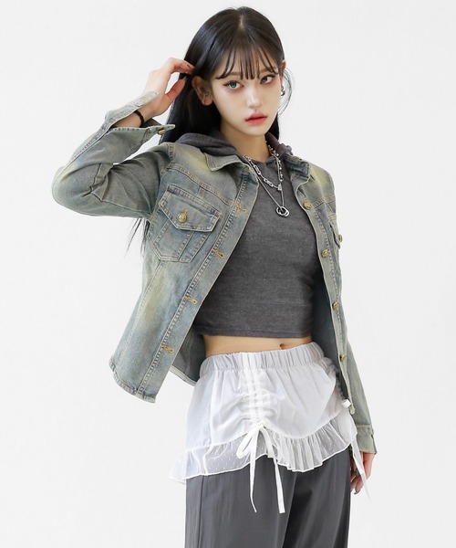 minsobi(ミンソビ)の「ヴィンテージウォッシュデニムジャケット スリムシルエット デニムシャツジャケット(デニムジャケット・レディース・ブルー・FREE)」の14枚目の写真
