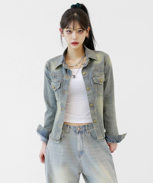 minsobi(ミンソビ)の「ヴィンテージウォッシュデニムジャケット スリムシルエット デニムシャツジャケット(デニムジャケット・レディース・ブルー・FREE)」の7枚目の写真