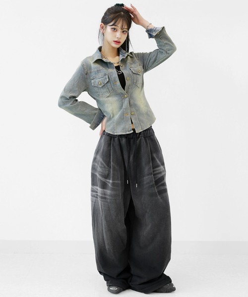 minsobi(ミンソビ)の「ヴィンテージウォッシュデニムジャケット スリムシルエット デニムシャツジャケット(デニムジャケット・レディース・ブルー・FREE)」の6枚目の写真