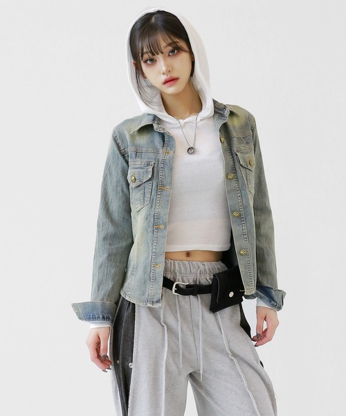 minsobi(ミンソビ)の「ヴィンテージウォッシュデニムジャケット スリムシルエット デニムシャツジャケット(デニムジャケット・レディース・ブルー・FREE)」の17枚目の写真