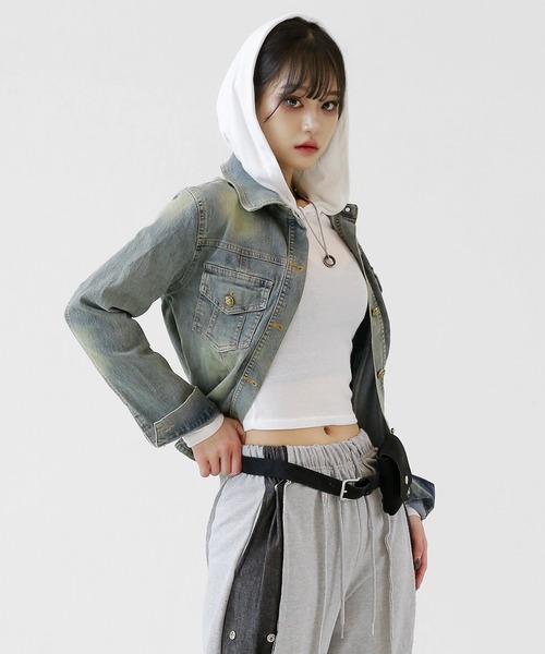 minsobi(ミンソビ)の「ヴィンテージウォッシュデニムジャケット スリムシルエット デニムシャツジャケット(デニムジャケット・レディース・ブルー・FREE)」の18枚目の写真