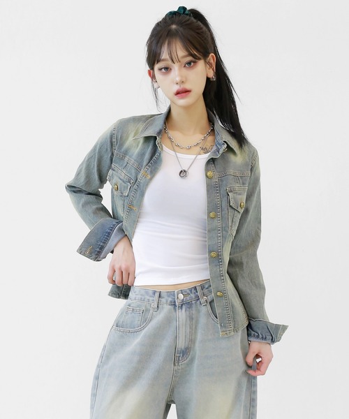 minsobi(ミンソビ)の「ヴィンテージウォッシュデニムジャケット スリムシルエット デニムシャツジャケット(デニムジャケット・レディース・ブルー・FREE)」の8枚目の写真