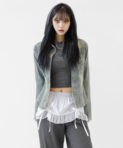 minsobi(ミンソビ)の「ヴィンテージウォッシュデニムジャケット スリムシルエット デニムシャツジャケット(デニムジャケット・レディース・ブルー・FREE)」の13枚目の写真