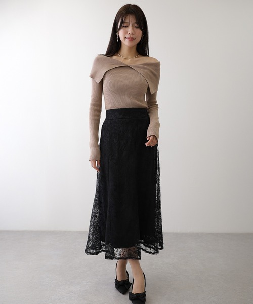 Lace Ladies(レースレディース)の「フラワー 刺繍 チュール フレア ロング スカート(スカート・レディース・ネイビー/グレー/グレイッシュベージュ/ブラック・FREE/S)」の9枚目の写真