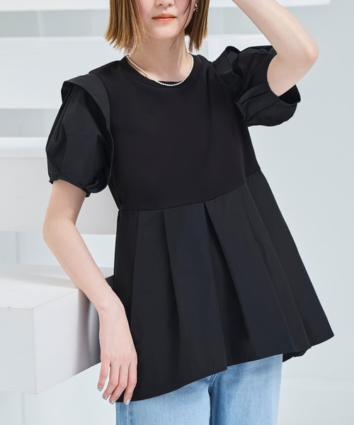 RUIRUE BOUTIQUE(ルイルエブティック)の「洗える ストレッチ | コンビネーション タックスリーブ ペプラム Tシャツ | レディース オフィスカジュアル 通勤 半袖 おしゃれ きれいめ カジュアル トップス カットソー(Tシャツ/カットソー・レディース・ネイビー/ブラック/ホワイト・LL/S/M/L)」の2枚目の写真