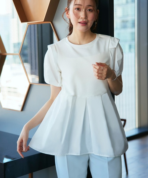 ルイルエブティック RUIRUE BOUTIQUE 【洗える】コンビネーション タックスリーブ ペプラムTシャツ （ネイビー） ルイルエブティック RUIRUE BOUTIQUE 【洗える