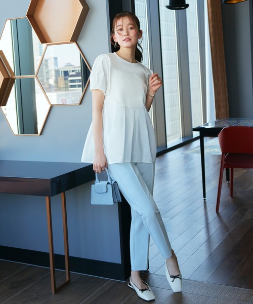 ルイルエブティック RUIRUE BOUTIQUE 【洗える】コンビネーション タックスリーブ ペプラムTシャツ （ホワイト） RUIRUE BOUTIQUE tシャツ 洗える ストレッチ