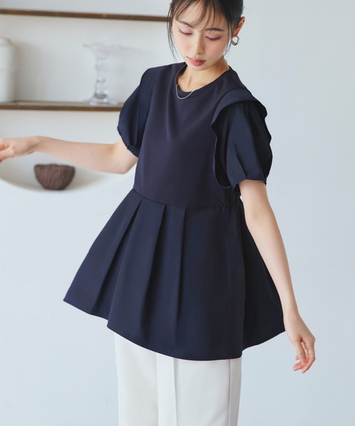 RUIRUE BOUTIQUE(ルイルエブティック)の「洗える ストレッチ | コンビネーション タックスリーブ ペプラム Tシャツ | レディース オフィスカジュアル 通勤 半袖 おしゃれ きれいめ カジュアル トップス カットソー(Tシャツ/カットソー・レディース・ネイビー/ブラック/ホワイト・LL/S/M/L)」の9枚目の写真