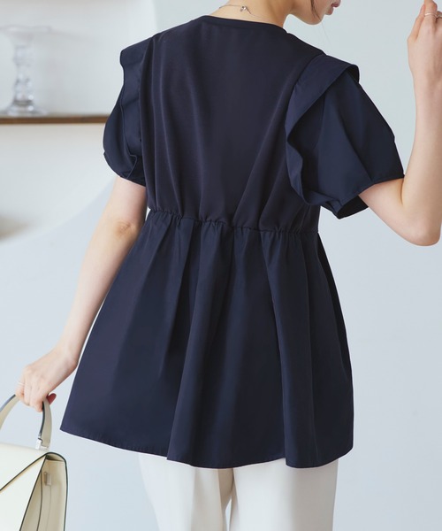 RUIRUE BOUTIQUE(ルイルエブティック)の「洗える ストレッチ | コンビネーション タックスリーブ ペプラム Tシャツ | レディース オフィスカジュアル 通勤 半袖 おしゃれ きれいめ カジュアル トップス カットソー(Tシャツ/カットソー・レディース・ネイビー/ブラック/ホワイト・LL/S/M/L)」の10枚目の写真