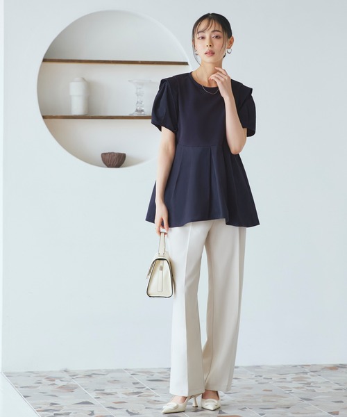 RUIRUE BOUTIQUE(ルイルエブティック)の「洗える ストレッチ | コンビネーション タックスリーブ ペプラム Tシャツ | レディース オフィスカジュアル 通勤 半袖 おしゃれ きれいめ カジュアル トップス カットソー(Tシャツ/カットソー・レディース・ネイビー/ブラック/ホワイト・LL/S/M/L)」の11枚目の写真