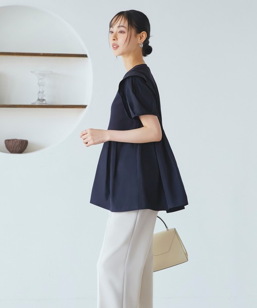 RUIRUE BOUTIQUE(ルイルエブティック)の「洗える ストレッチ | コンビネーション タックスリーブ ペプラム Tシャツ | レディース オフィスカジュアル 通勤 半袖 おしゃれ きれいめ カジュアル トップス カットソー(Tシャツ/カットソー・レディース・ネイビー/ブラック/ホワイト・LL/S/M/L)」の12枚目の写真