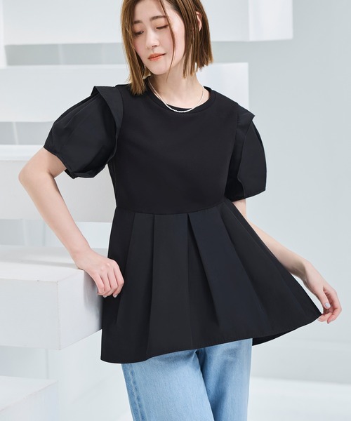 RUIRUE BOUTIQUE(ルイルエブティック)の「洗える ストレッチ | コンビネーション タックスリーブ ペプラム Tシャツ | レディース オフィスカジュアル 通勤 半袖 おしゃれ きれいめ カジュアル トップス カットソー(Tシャツ/カットソー・レディース・ネイビー/ブラック/ホワイト・LL/S/M/L)」の14枚目の写真