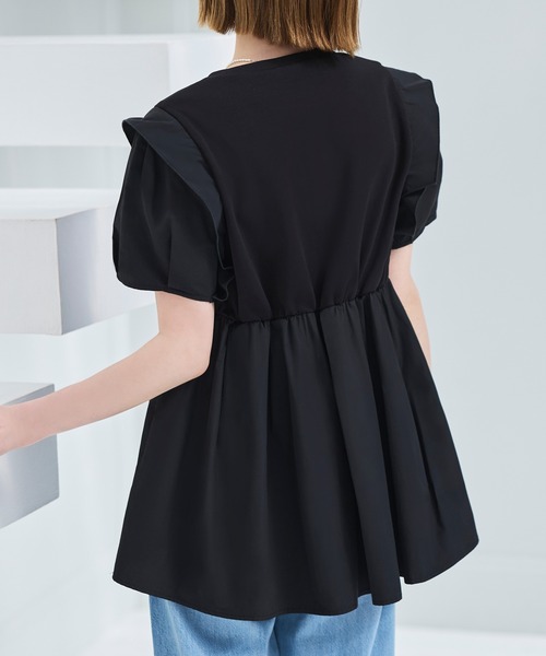 RUIRUE BOUTIQUE(ルイルエブティック)の「洗える ストレッチ | コンビネーション タックスリーブ ペプラム Tシャツ | レディース オフィスカジュアル 通勤 半袖 おしゃれ きれいめ カジュアル トップス カットソー(Tシャツ/カットソー・レディース・ネイビー/ブラック/ホワイト・LL/S/M/L)」の15枚目の写真