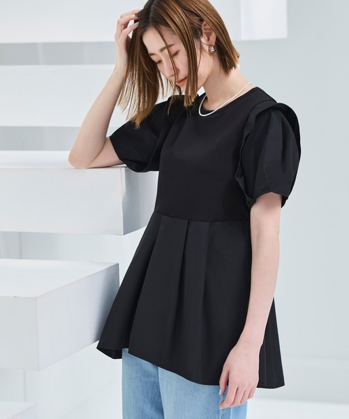 RUIRUE BOUTIQUE(ルイルエブティック)の「洗える ストレッチ | コンビネーション タックスリーブ ペプラム Tシャツ | レディース オフィスカジュアル 通勤 半袖 おしゃれ きれいめ カジュアル トップス カットソー(Tシャツ/カットソー・レディース・ネイビー/ブラック/ホワイト・LL/S/M/L)」の16枚目の写真
