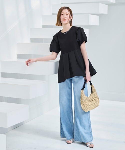 RUIRUE BOUTIQUE(ルイルエブティック)の「洗える ストレッチ | コンビネーション タックスリーブ ペプラム Tシャツ | レディース オフィスカジュアル 通勤 半袖 おしゃれ きれいめ カジュアル トップス カットソー(Tシャツ/カットソー・レディース・ネイビー/ブラック/ホワイト・LL/S/M/L)」の17枚目の写真