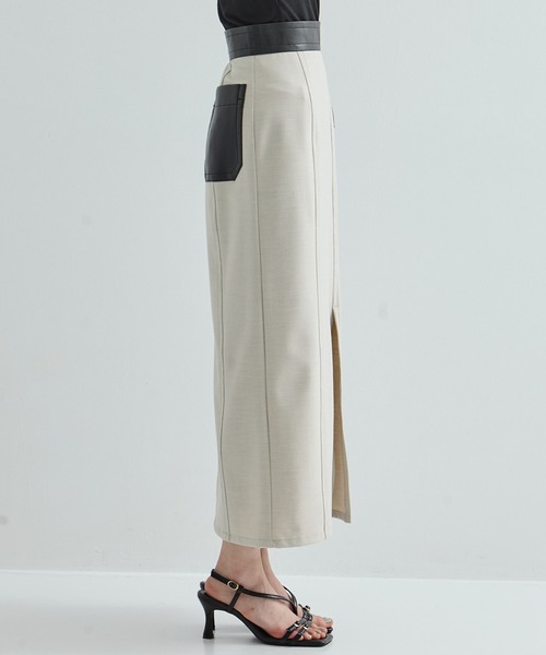 STUDIOUS（ステュディオス）の「【STUDIOUS/ステュディオス】Leather Belted Straight SK/レザーベルテッドストレッチスカート（スカート・レディース・ブラック/ライトベージュ・1/2）」の19枚目の写真