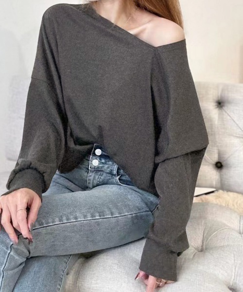 Miniministore（ミニミニストア）の「2WAY アシンメトリーネックトップス（Tシャツ/カットソー・レディース・ライトグレー/ラベンダー/ダークグレー/ベージュ/ライトピンク/ブラック/ダークブルー/ライトグリーン・FREE）」の3枚目の写真