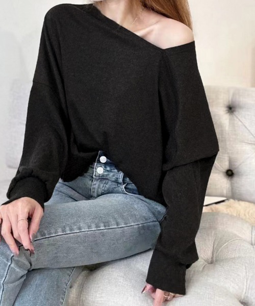 Miniministore（ミニミニストア）の「2WAY アシンメトリーネックトップス（Tシャツ/カットソー・レディース・ライトグレー/ラベンダー/ダークグレー/ベージュ/ライトピンク/ブラック/ダークブルー/ライトグリーン・FREE）」の2枚目の写真