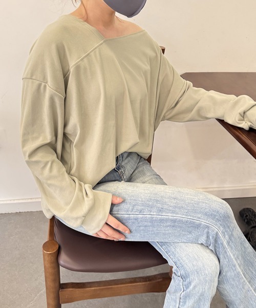 Miniministore（ミニミニストア）の「2WAY アシンメトリーネックトップス（Tシャツ/カットソー・レディース・ライトグレー/ラベンダー/ダークグレー/ベージュ/ライトピンク/ブラック/ダークブルー/ライトグリーン・FREE）」の15枚目の写真