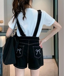kirakiraShop | バック リボン カラー デニム ショート サロペット(サロペット/オーバーオール)