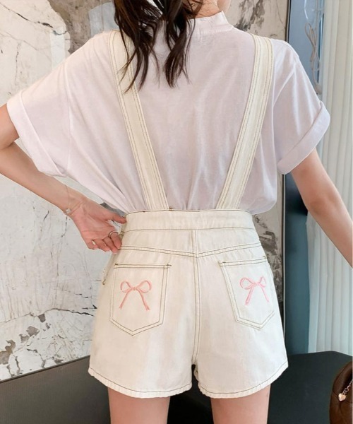 kirakiraShop（キラキラショップ）の「バック リボン カラー デニム ショート サロペット（サロペット/オーバーオール・レディース・ブラック/ブルー/ホワイト・S/M/L）」の5枚目の写真