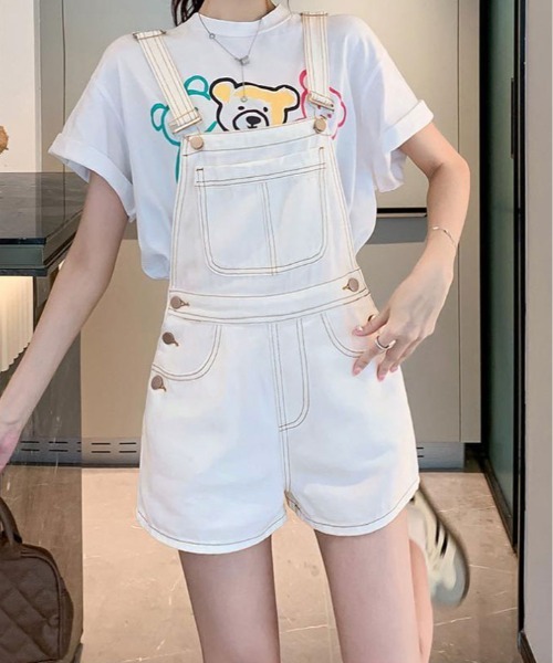 kirakiraShop（キラキラショップ）の「バック リボン カラー デニム ショート サロペット（サロペット/オーバーオール・レディース・ブラック/ブルー/ホワイト・S/M/L）」の6枚目の写真