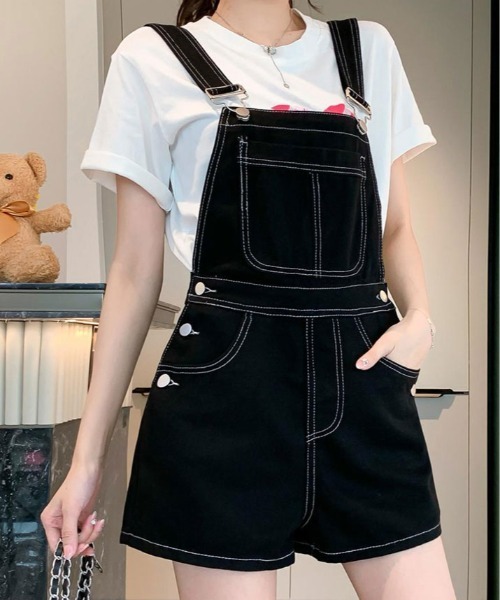 kirakiraShop（キラキラショップ）の「バック リボン カラー デニム ショート サロペット（サロペット/オーバーオール・レディース・ブラック/ブルー/ホワイト・S/M/L）」の8枚目の写真