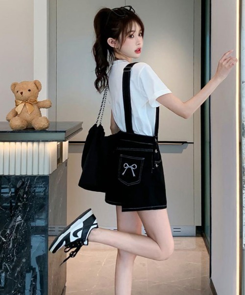 kirakiraShop（キラキラショップ）の「バック リボン カラー デニム ショート サロペット（サロペット/オーバーオール・レディース・ブラック/ブルー/ホワイト・S/M/L）」の11枚目の写真