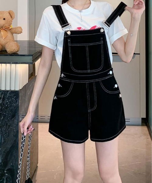 kirakiraShop（キラキラショップ）の「バック リボン カラー デニム ショート サロペット（サロペット/オーバーオール・レディース・ブラック/ブルー/ホワイト・S/M/L）」の9枚目の写真