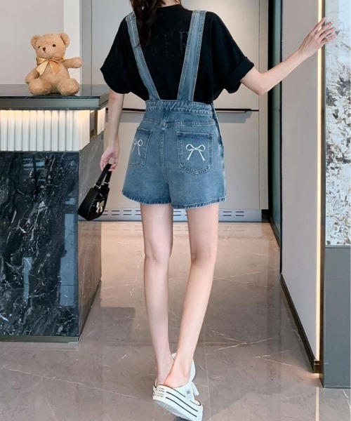 kirakiraShop（キラキラショップ）の「バック リボン カラー デニム ショート サロペット（サロペット/オーバーオール・レディース・ブラック/ブルー/ホワイト・S/M/L）」の12枚目の写真