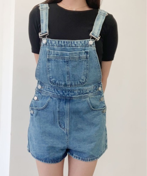 kirakiraShop（キラキラショップ）の「バック リボン カラー デニム ショート サロペット（サロペット/オーバーオール・レディース・ブラック/ブルー/ホワイト・S/M/L）」の16枚目の写真