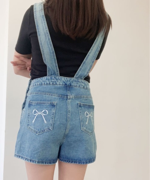 kirakiraShop（キラキラショップ）の「バック リボン カラー デニム ショート サロペット（サロペット/オーバーオール・レディース・ブラック/ブルー/ホワイト・S/M/L）」の17枚目の写真
