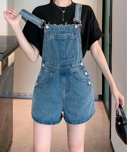 kirakiraShop（キラキラショップ）の「バック リボン カラー デニム ショート サロペット（サロペット/オーバーオール・レディース・ブラック/ブルー/ホワイト・S/M/L）」の13枚目の写真