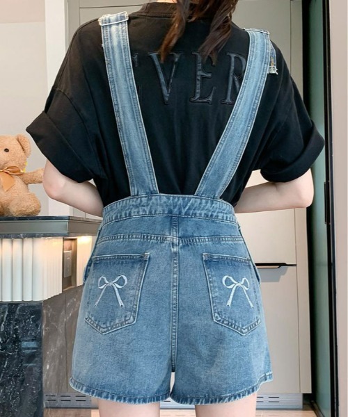 kirakiraShop（キラキラショップ）の「バック リボン カラー デニム ショート サロペット（サロペット/オーバーオール・レディース・ブラック/ブルー/ホワイト・S/M/L）」の14枚目の写真