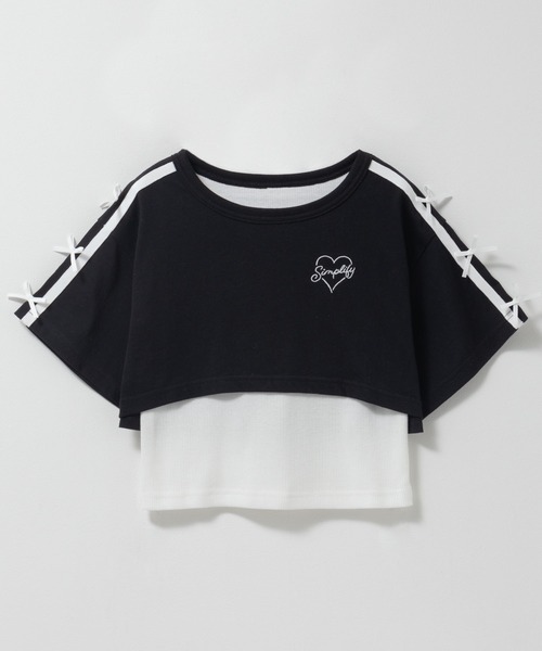 Mac-House（マックハウス）の「Simplify 肩リボン フェイクレイヤード リボンデザインプルオーバー（Tシャツ/カットソー・キッズ・オートミール/ブラック・130/140/150/160）」の2枚目の写真