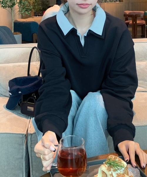 シャツレイヤードクロップド丈オーバーサイズスウェットトップス