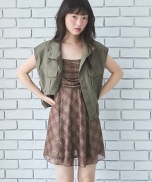 【美品】KEITH ブラウン系チェック 半袖ワンピース ザラ チェック柄 半袖 ワンピース ポケット 金 ボタン ブラウン