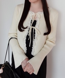 JUNOAH | レースフリルリブニットカーディガン(カーディガン/ボレロ)