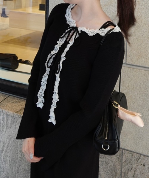 JUNOAH（ジュノア）の「レースフリルリブニットカーディガン（カーディガン/ボレロ・レディース・アイボリー/ブラック/チャコール・LARGE/MEDIUM）」の5枚目の写真