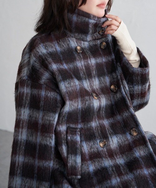 VENCEEXCHANGE(ヴァンスエクスチェンジ)の「シャギーチェックスタンドコート(その他アウター・レディース・オレンジ系/ブルー系・FREE)」の2枚目の写真