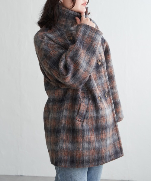 VENCEEXCHANGE(ヴァンスエクスチェンジ)の「シャギーチェックスタンドコート(その他アウター・レディース・オレンジ系/ブルー系・FREE)」の3枚目の写真