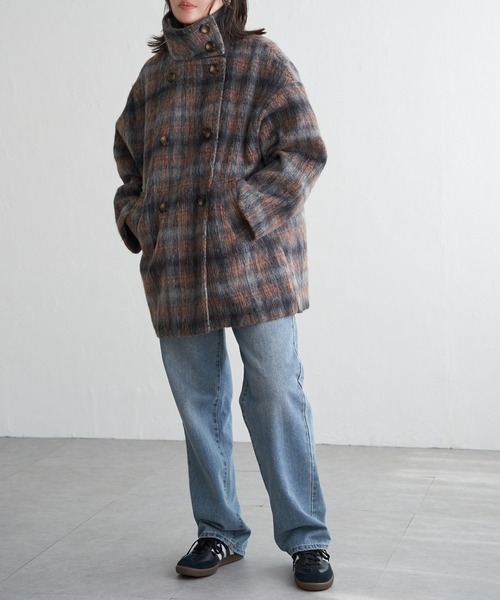 VENCEEXCHANGE(ヴァンスエクスチェンジ)の「シャギーチェックスタンドコート(その他アウター・レディース・オレンジ系/ブルー系・FREE)」の7枚目の写真