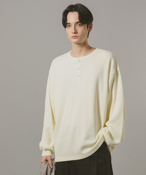 セール】ワッフル/ビッグシルエットヘンリーネックロンT（Tシャツ