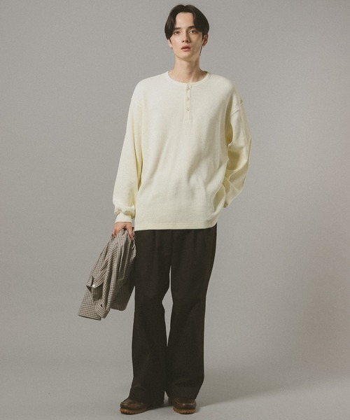セール】ワッフル/ビッグシルエットヘンリーネックロンT（Tシャツ