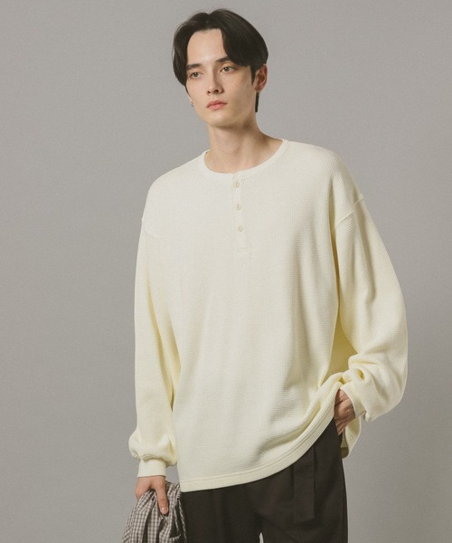 セール】ワッフル/ビッグシルエットヘンリーネックロンT（Tシャツ