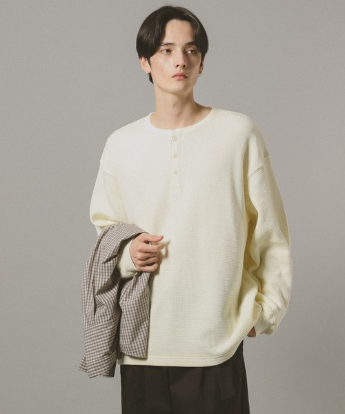 セール】ワッフル/ビッグシルエットヘンリーネックロンT（Tシャツ