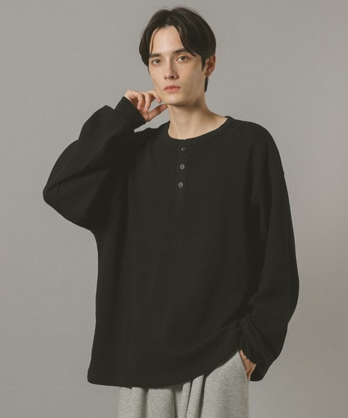 セール】ワッフル/ビッグシルエットヘンリーネックロンT（Tシャツ
