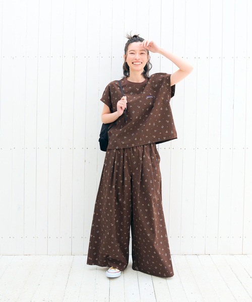 THOUSAND MILE（サウザンドマイル）の「[L's]FRENCH SLEEVE SHIRT & LONG PANTS SET NY/PU PRINT/フレンチスリーブシャツ＆ロングパンツセット プリント（セットアップ・レディース・レオパード/ブラック系その他/ブラウン系その他・FREE）」の2枚目の写真