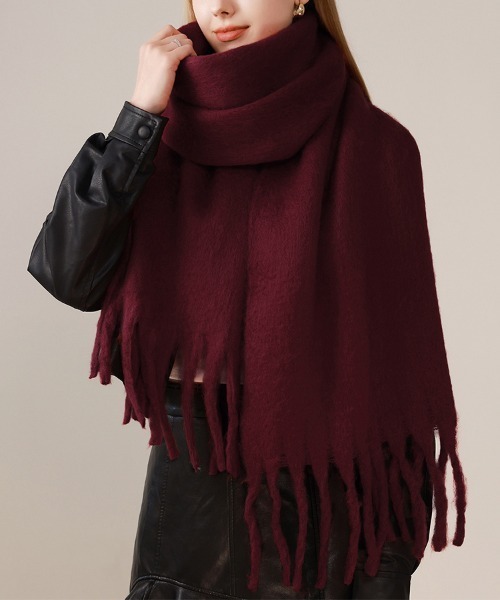 ブラウン ニットマフラー ロゴ入り フリンジ付き FRINGED WOOL-CASHMERE SCARF フリンジウールカシミヤマフラー