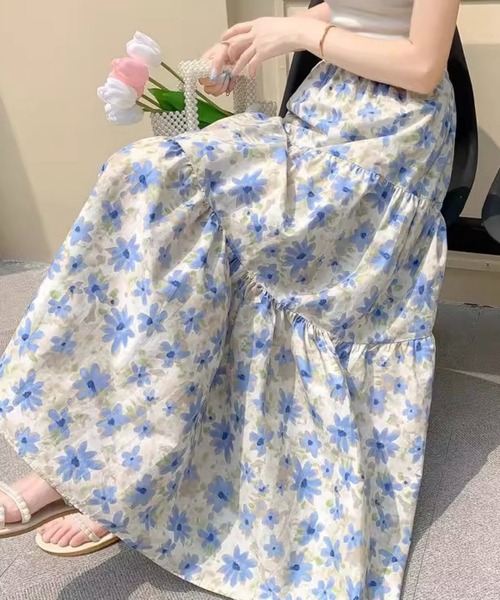 SHOUYO(ショウヨウ)の「花柄ティアードロングスカート/ブルー・ピンク(スカート・レディース・ブルー/ピンク・M)」の3枚目の写真